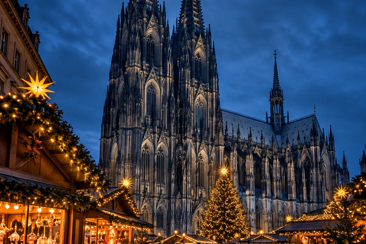 Mercado de Natal aos pés da catedral de Colónia (imagem gerada por IA)