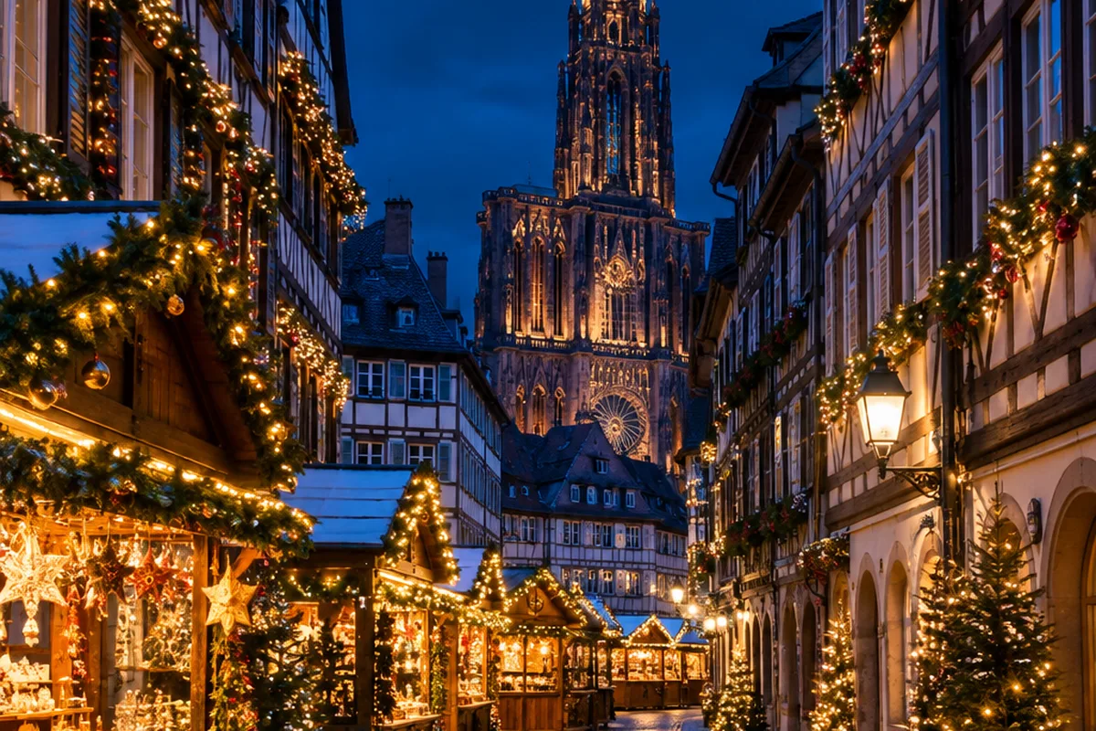 Mercado de Natal de Estrasburgo entre casas enxaimel e a catedral (imagem gerada por IA)