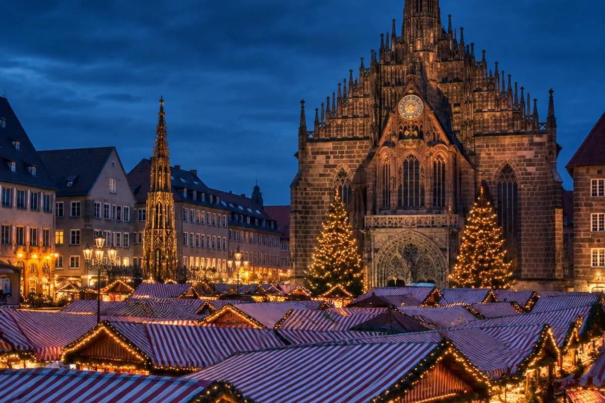 Christkindlesmarkt de Nuremberga com a Igreja de Nossa Senhora ao fundo (imagem gerada por IA)