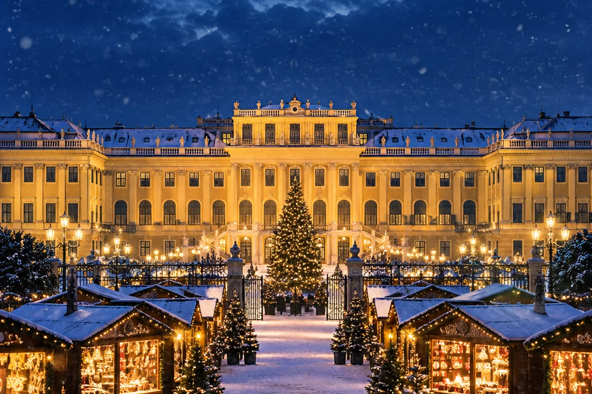 Mercado de Natal em frente ao palácio de Schönbrunn, em Viena (imagem gerada por IA)