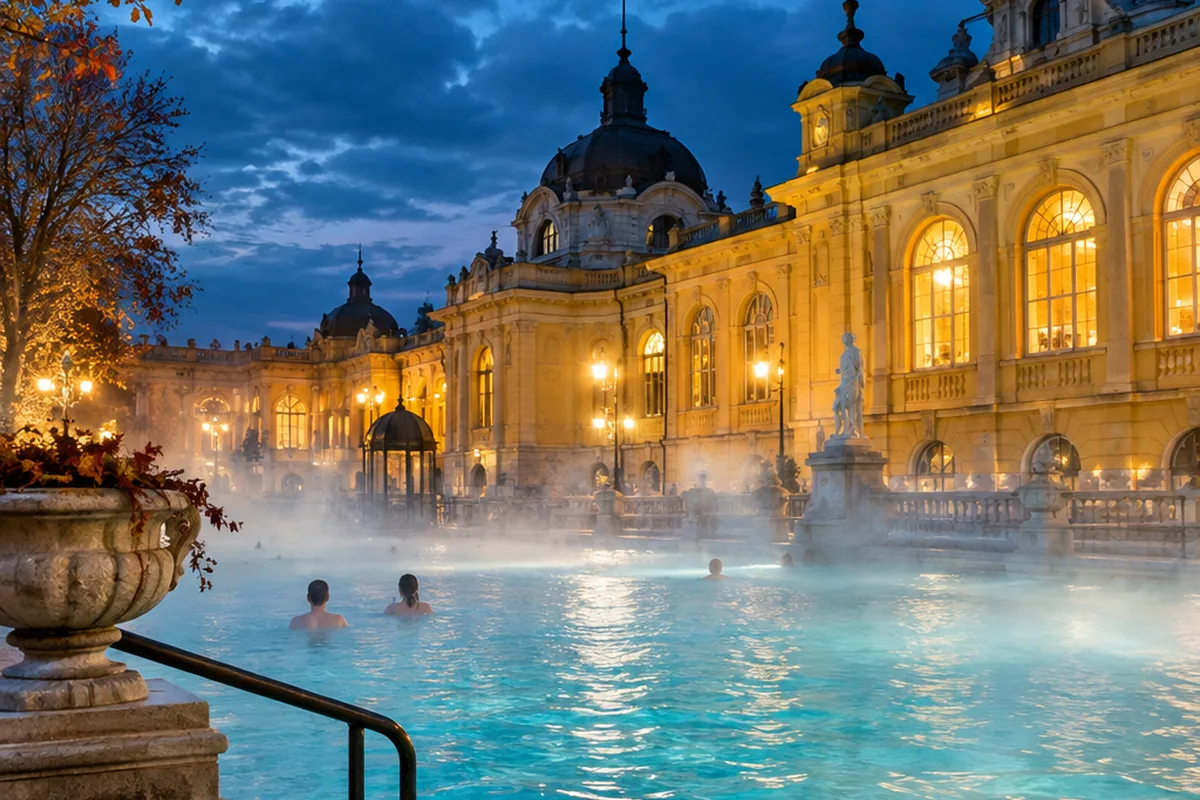 Bains thermaux en plein air à Budapest avec de la vapeur un soir d'automne (image générée par IA)