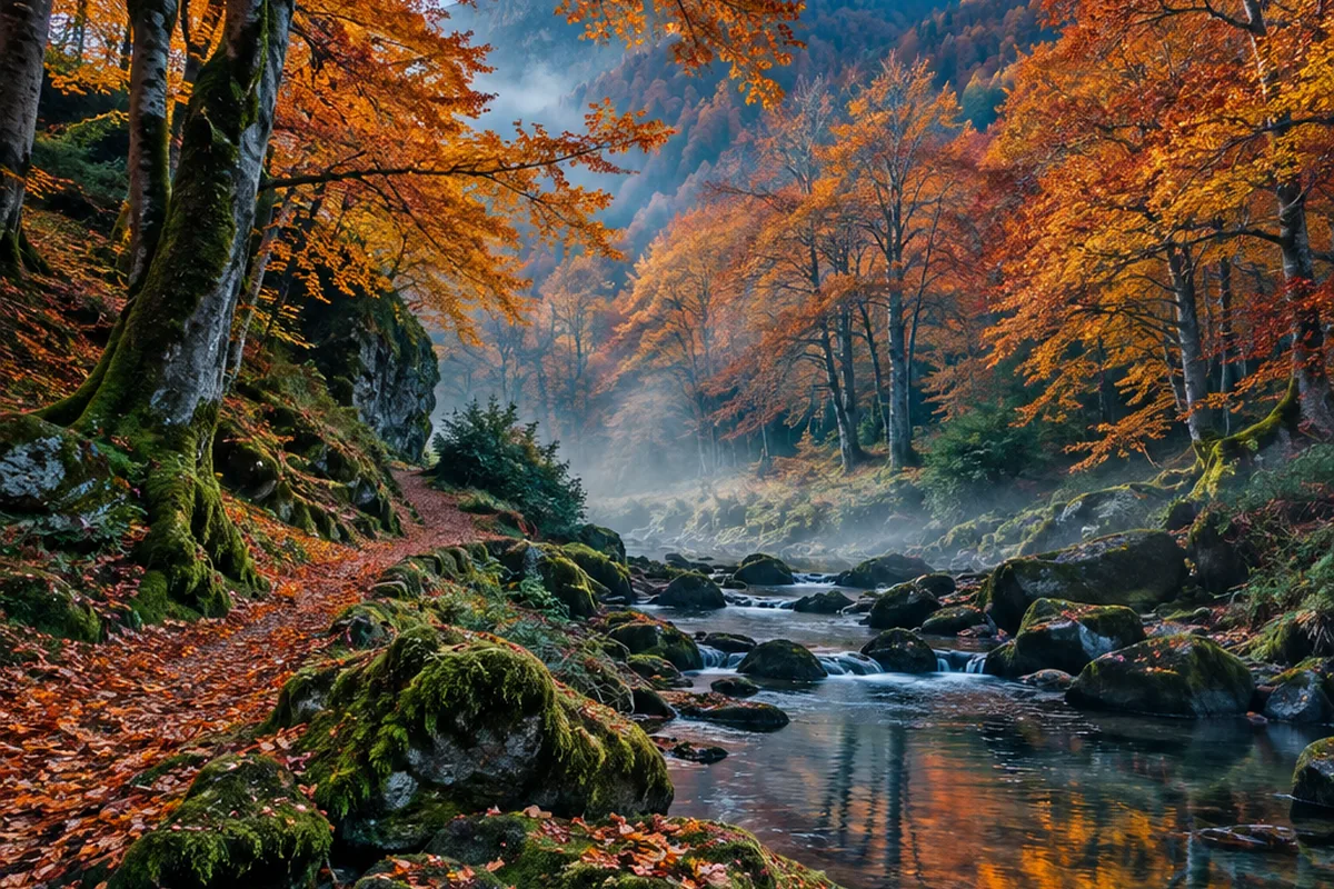 Hêtraie de la forêt d'Irati aux feuilles dorées dans la brume d'automne (image générée par IA)