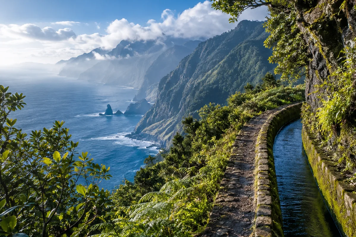 Sentier de levada entre forêt de lauriers et falaises à Madère (image générée par IA)